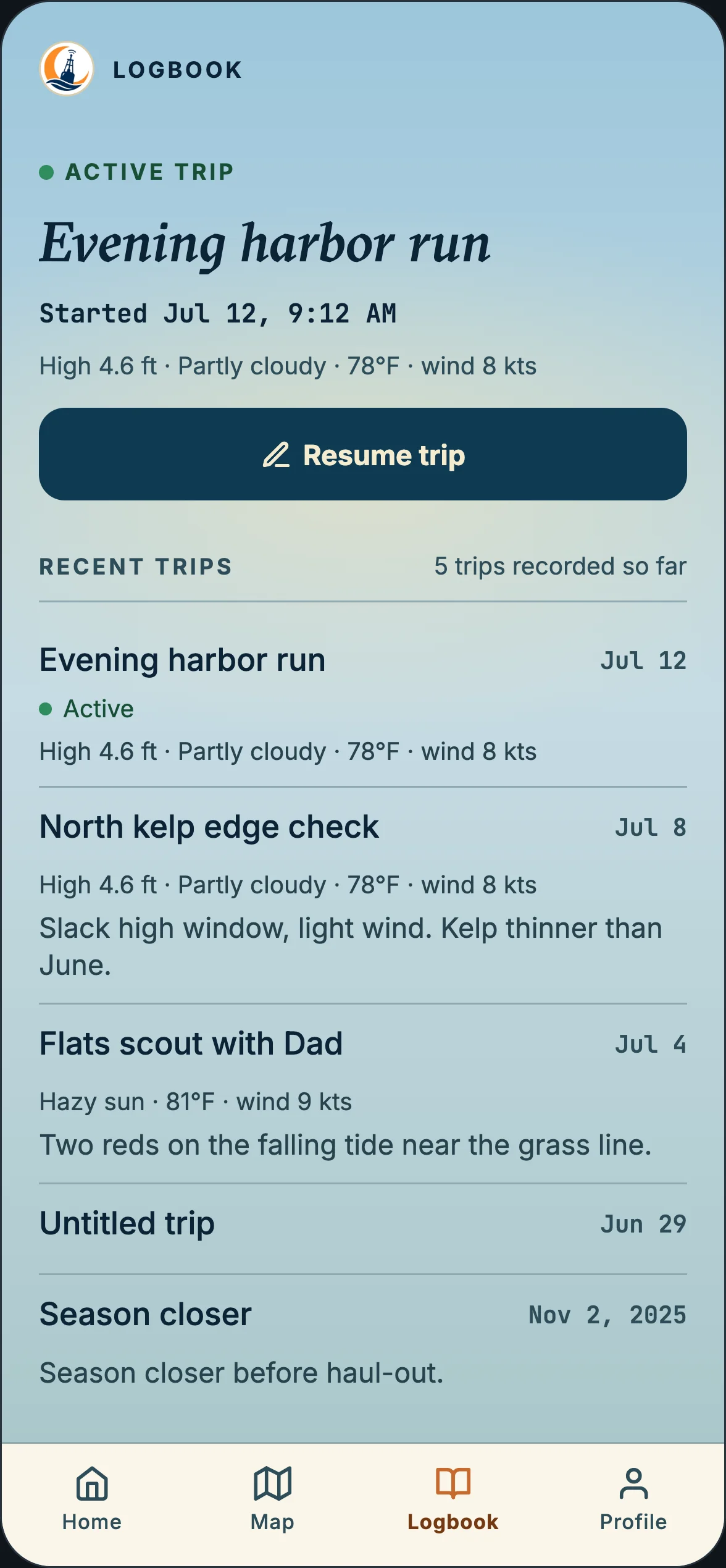 Captain Logbook active trip representative preview