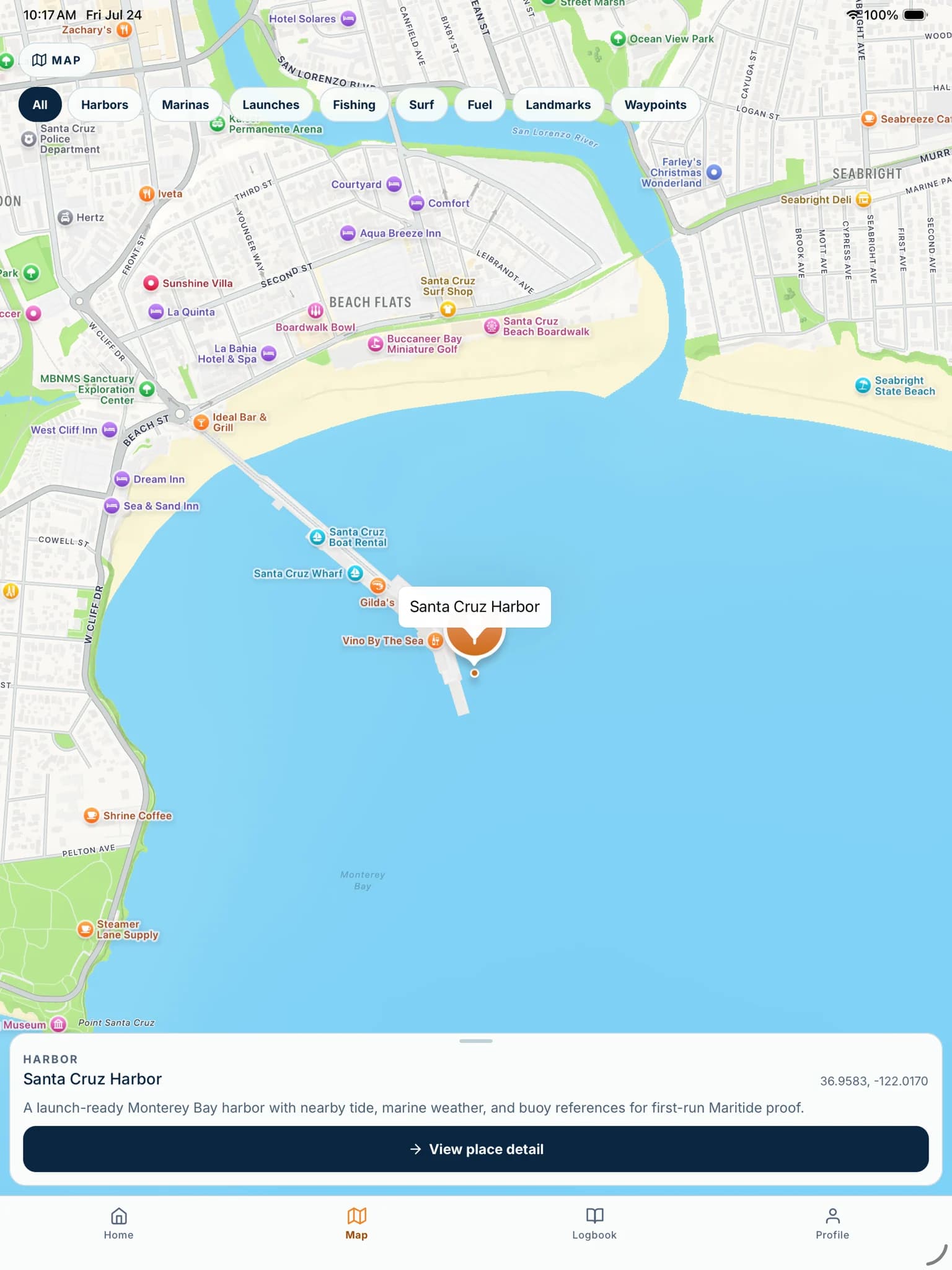 Maritide Map on iPad showing Santa Cruz Harbor