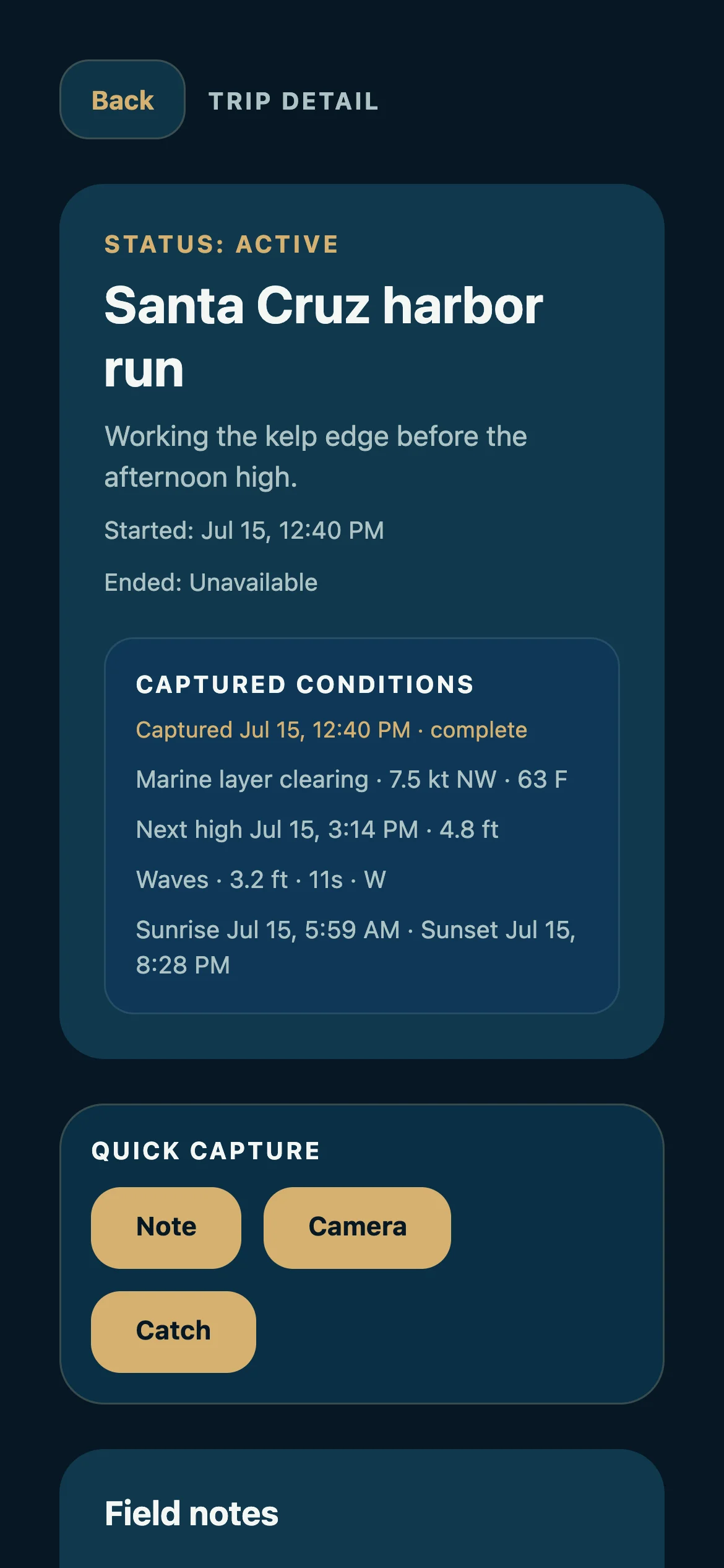 Captain trip detail with note, camera, and catch capture representative preview